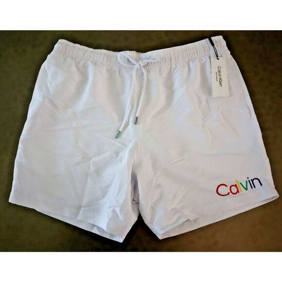 Calvin Klein CB2DNY09 Men's Sz Large White 5" Rainbow Logo-Print Swim Shorts - Picture 1 of 7